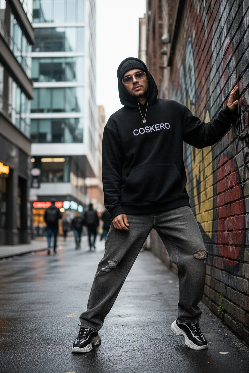 Model wearing Coskero hoodie