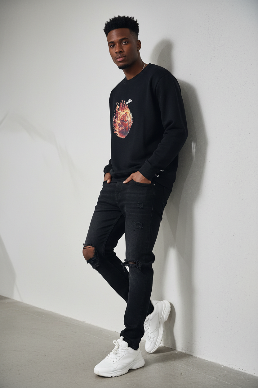 Black Flaming Basketball Sweater worn by model