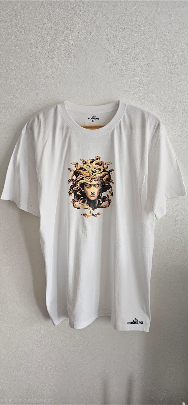 White T-Shirt with Gold Medusa Print
