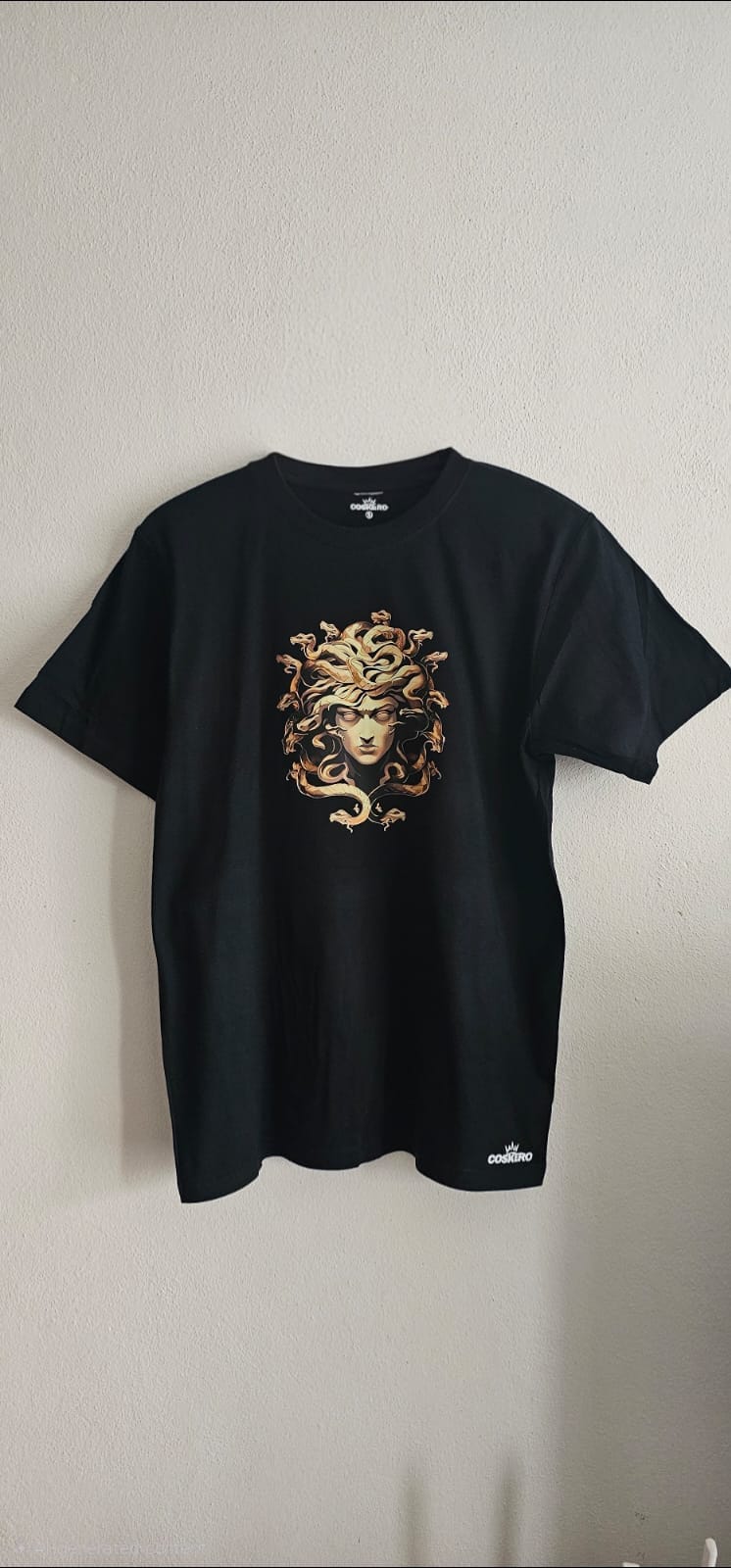 Black T-Shirt with Gold Medusa Print