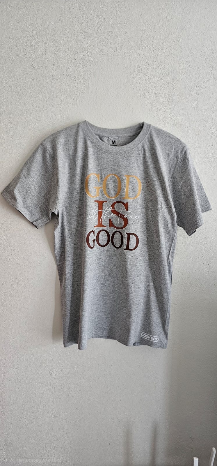 Grey "God is Good" T-Shirt - Multicolor Print