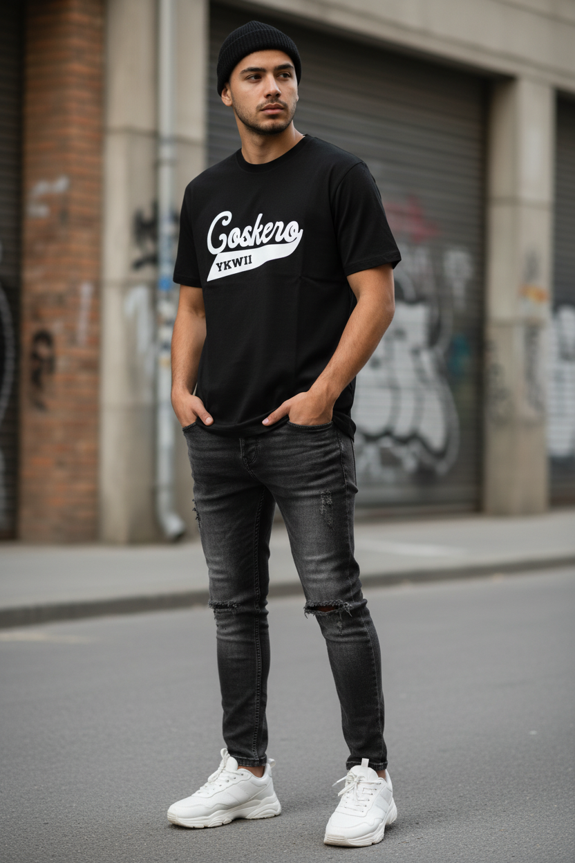 Model wearing Coskero t-shirt